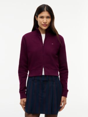 purple funnel neck fitted zip-thru sweatshirt for women tommy jeans