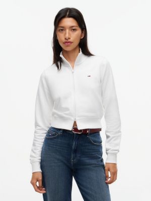 white funnel neck fitted zip-thru sweatshirt for women tommy jeans