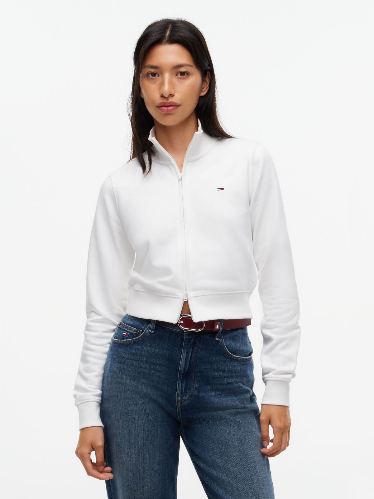 Funnel Neck Fitted Zip-Thru Sweatshirt — White