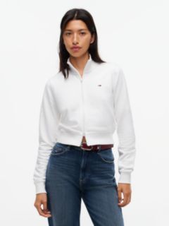 Funnel Neck Fitted Zip-Thru Sweatshirt — White 1