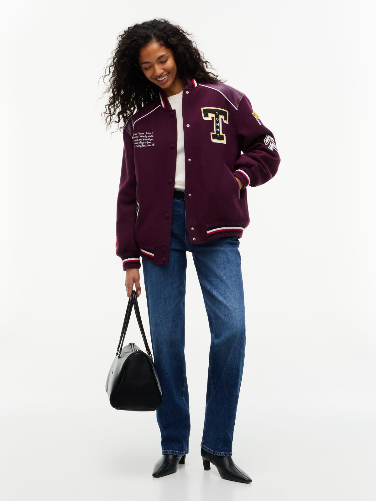 Global Stripe Multi Logo Varsity Jacket — Purple