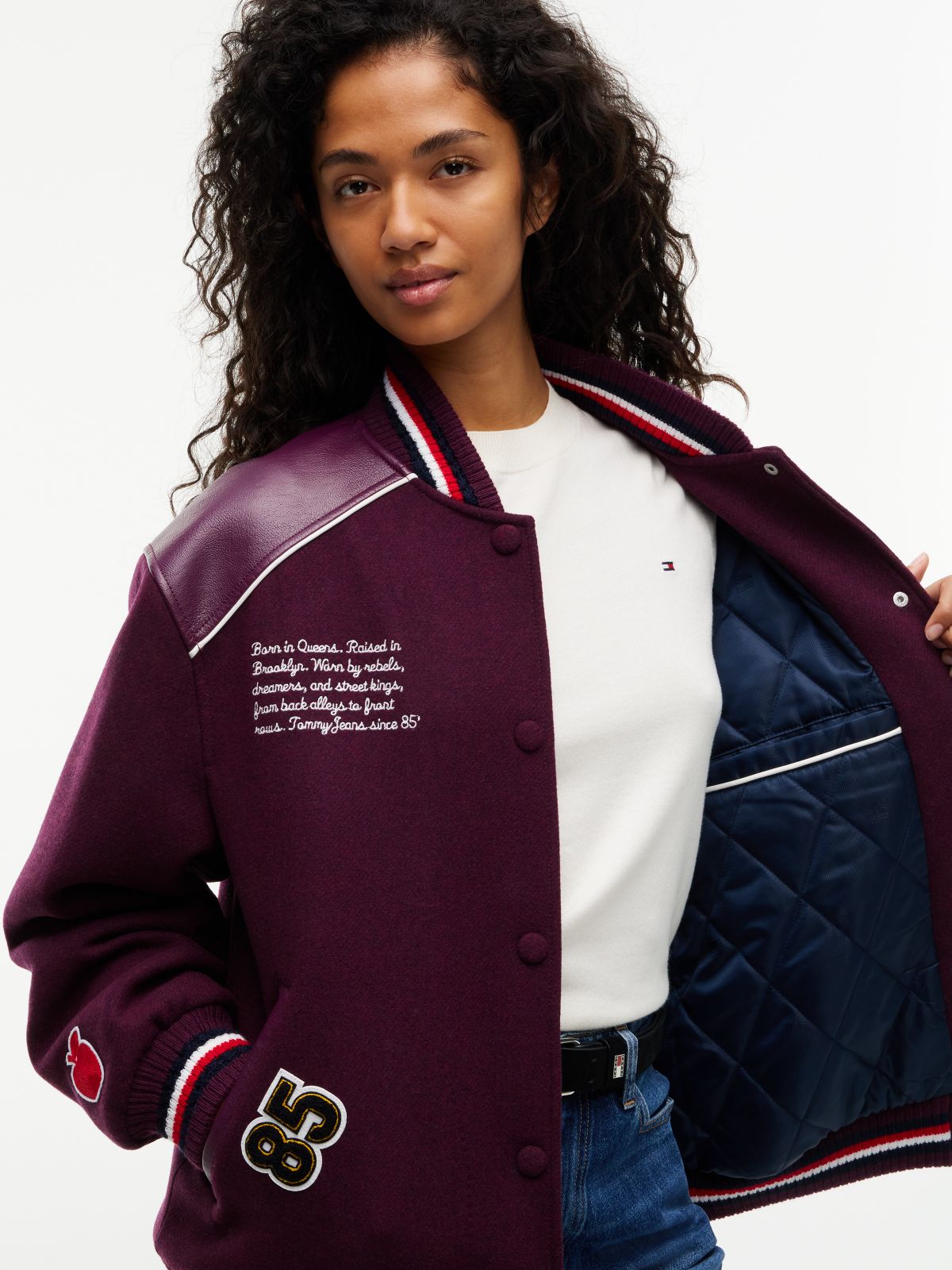Global Stripe Multi Logo Varsity Jacket — Purple