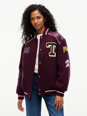 purple global stripe multi logo varsity jacket for women tommy jeans