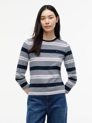blue langarmshirt aus jersey mit flag-stickerei für damen - tommy jeans