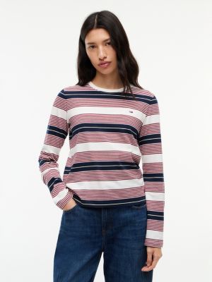 white langarmshirt aus jersey mit flag-stickerei für damen - tommy jeans