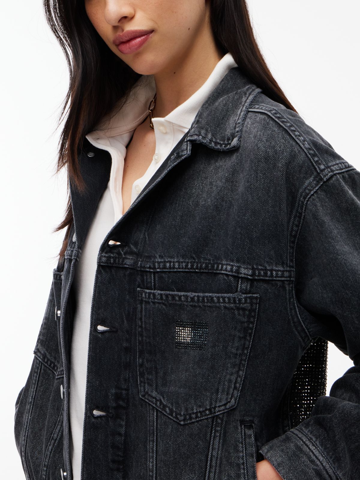 Back Rhinestone Logo Slim Denim Trucker Jacket — Black