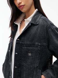Back Rhinestone Logo Slim Denim Trucker Jacket — Black 3