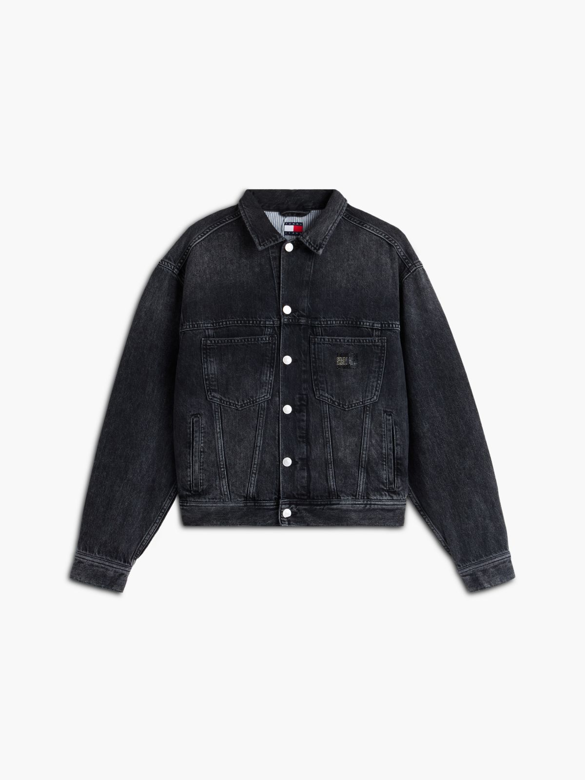 Back Rhinestone Logo Slim Denim Trucker Jacket — Black