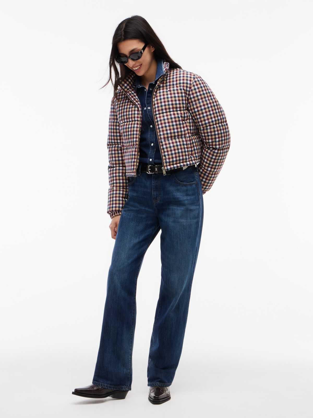 Check Cropped Relaxed Puffer Jacket — Multi