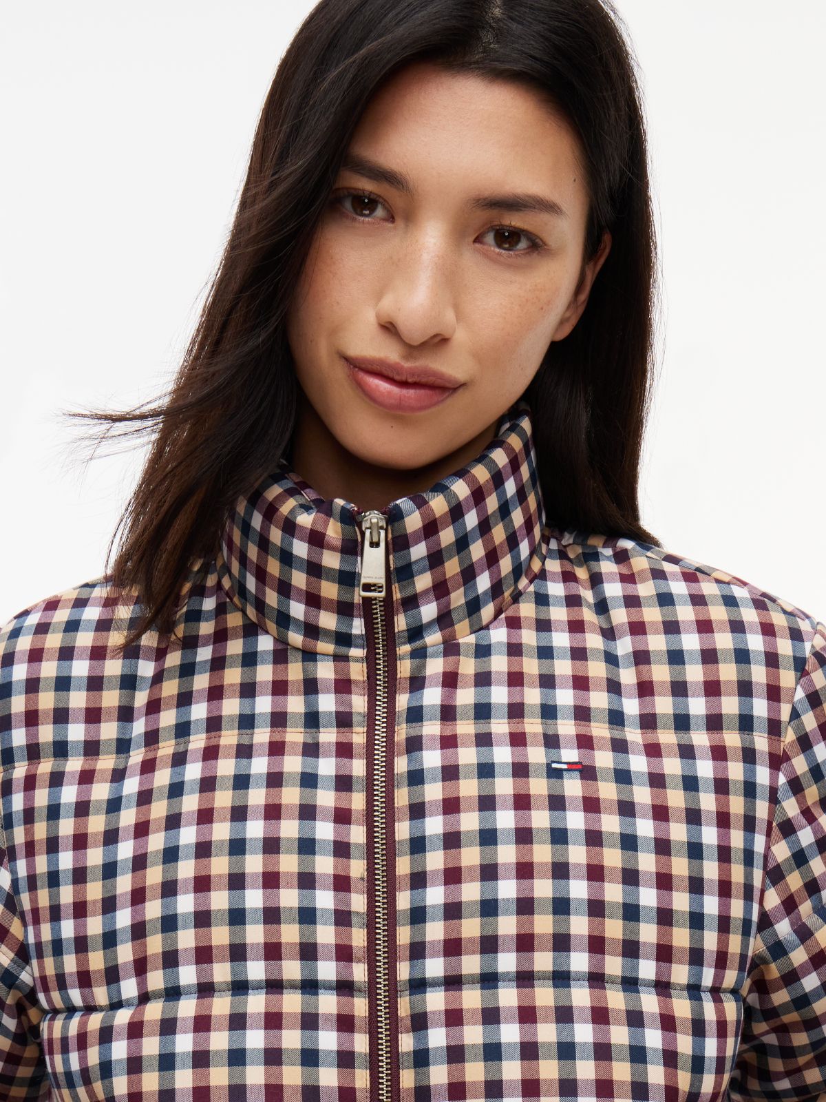 Check Cropped Relaxed Puffer Jacket — Multi