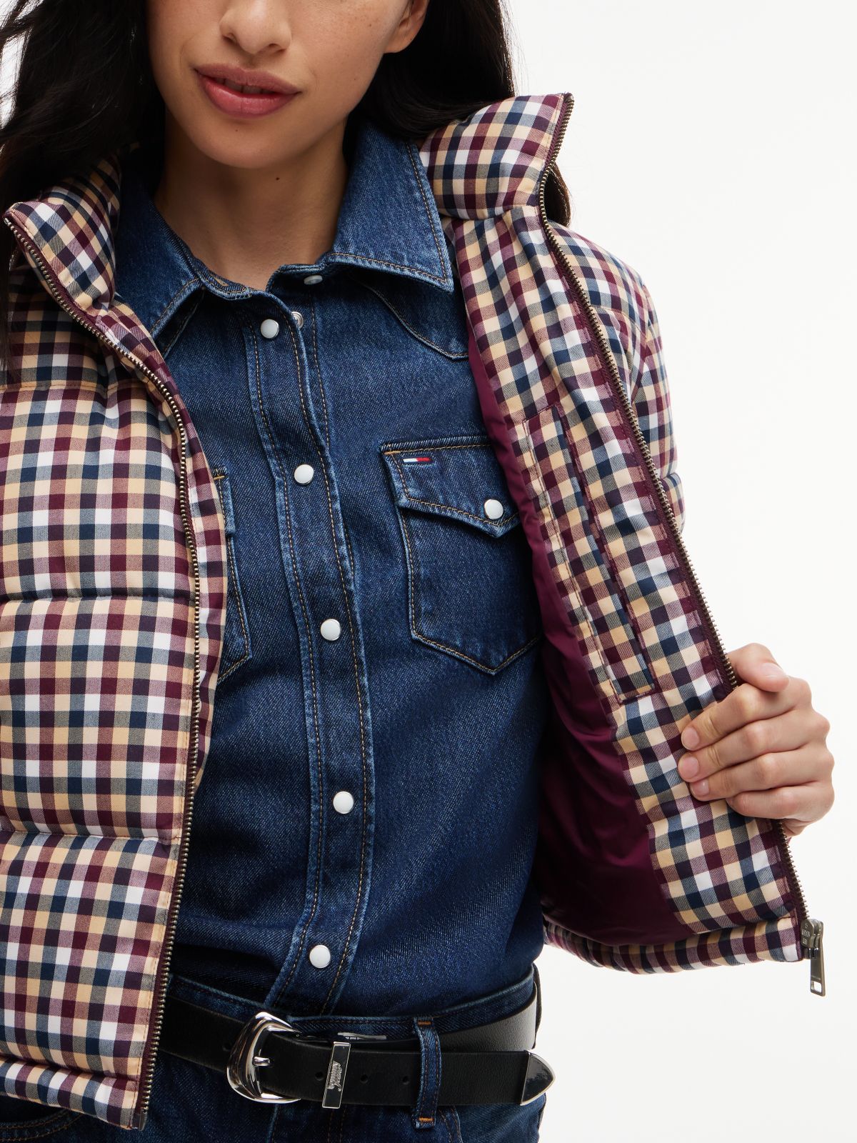 Check Cropped Relaxed Puffer Jacket — Multi