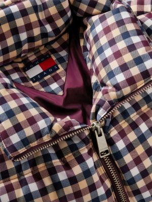 beige check cropped relaxed puffer jacket for women tommy jeans