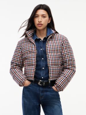 beige check cropped relaxed puffer jacket for women tommy jeans