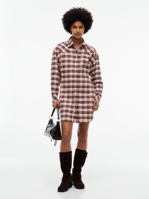 brown check flannel side tie mini shirt dress for women tommy jeans