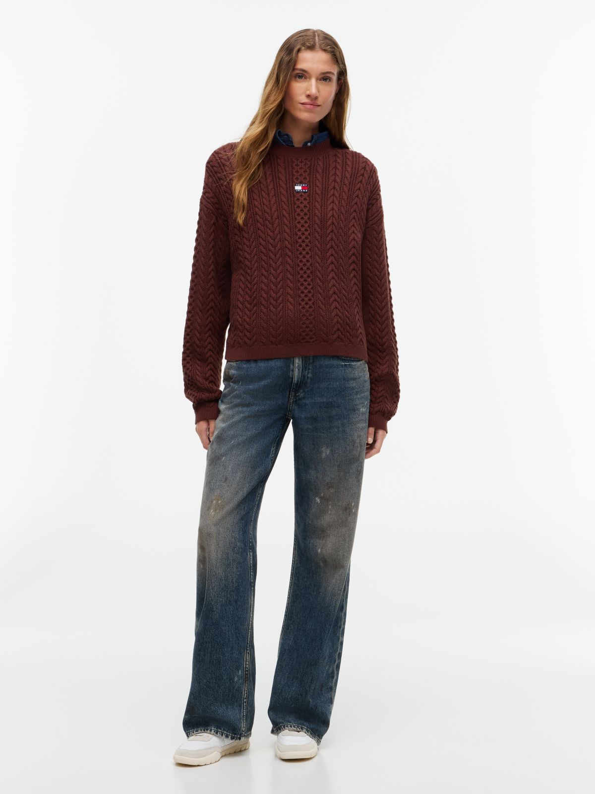 Tommy Badge Cable Knit Relaxed Jumper — Brown
