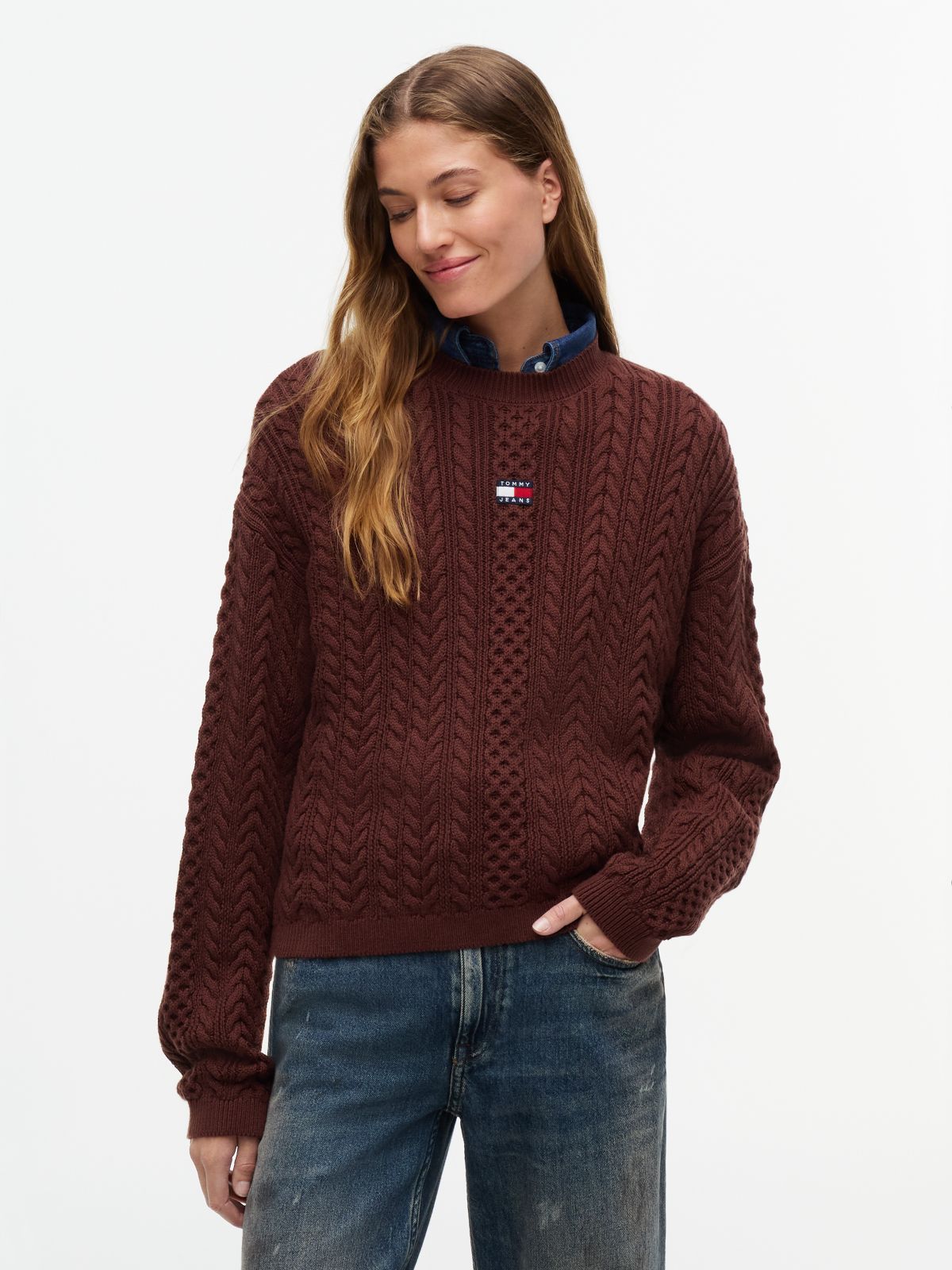 Tommy Badge Cable Knit Relaxed Jumper — Brown