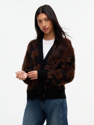 black pony jacquard wool blend v-neck cardigan for women tommy jeans