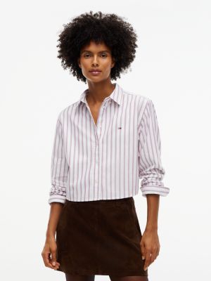 white relaxed fit cropped button-down oxford shirt for women tommy jeans