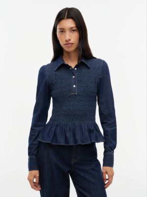 chemise smockée en chambray à taille péplum denim pour femmes tommy jeans