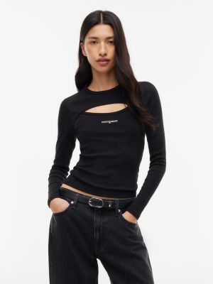 black logo embroidery cutout long sleeve t-shirt for women tommy jeans
