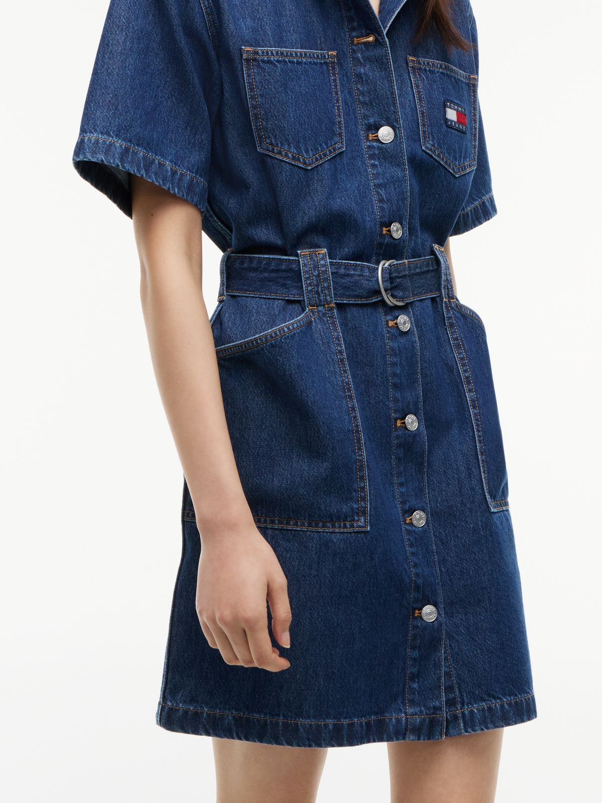 Denim Utility Short Sleeve Shirt Dress — Blue