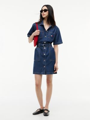 blue denim utility short sleeve shirt dress for women tommy jeans