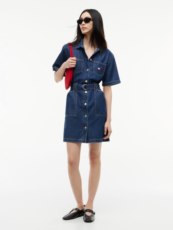 Denim Utility Short Sleeve Shirt Dress — Blue