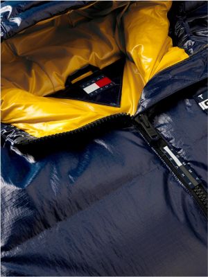 blue shiny down hooded alaska puffer jacket for women tommy jeans
