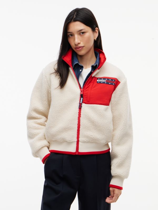 Back Flag Teddy Fleece Zip-Thru Jacket — White