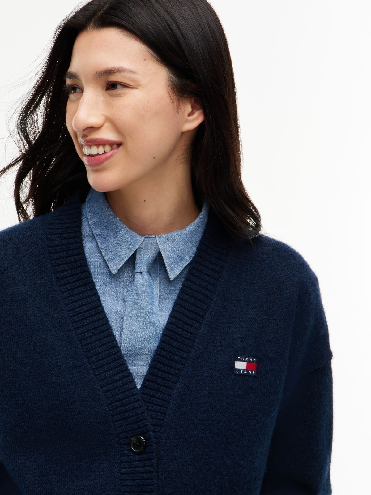 Tommy Badge Fluffy Cardigan With Alpaca — Blue