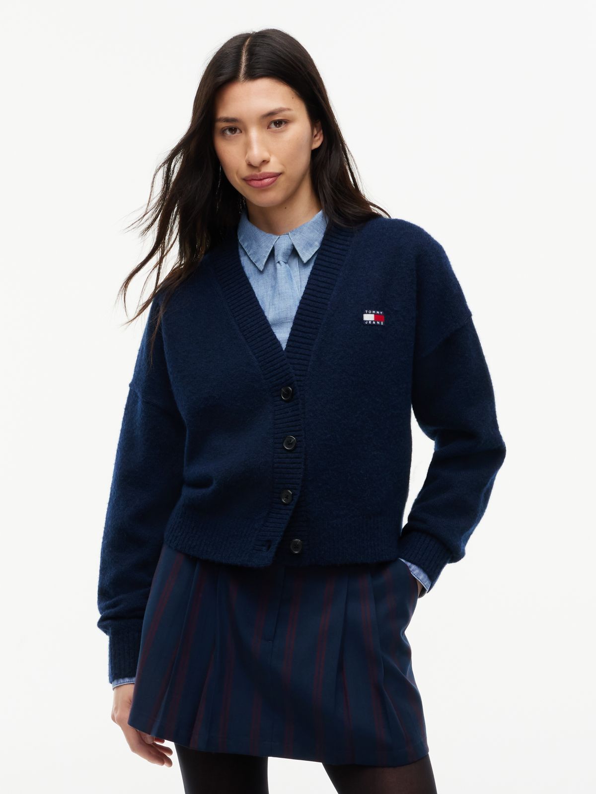 Tommy Badge Fluffy Cardigan With Alpaca — Blue