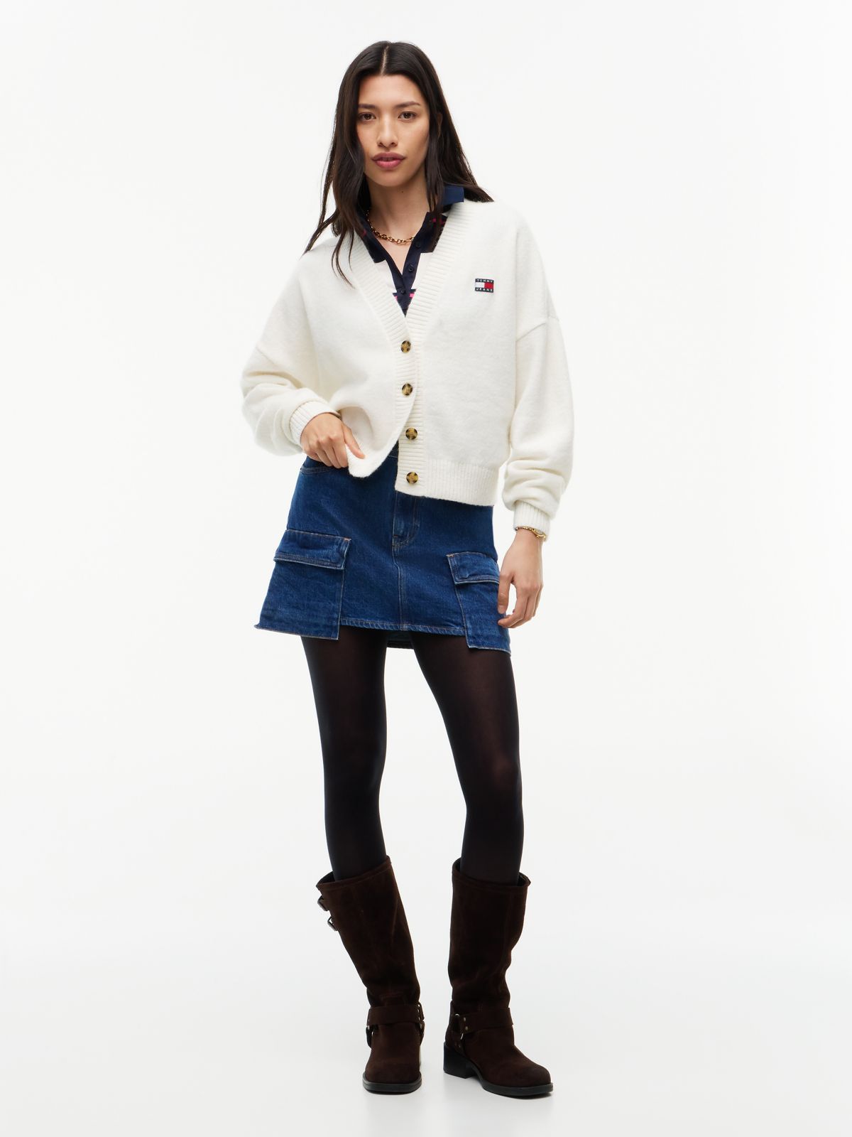 Tommy Badge Fluffy Cardigan With Alpaca — White
