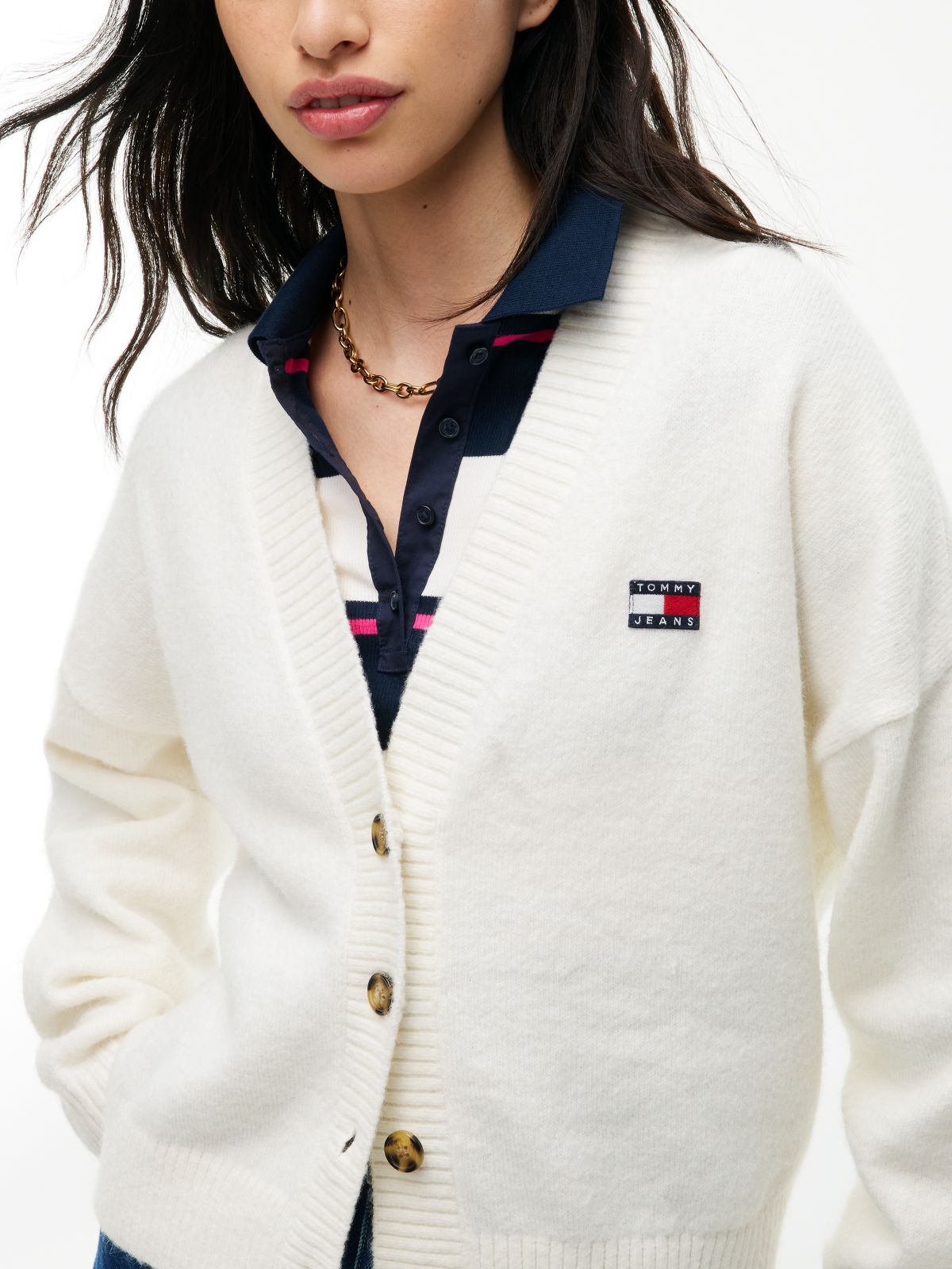 Tommy Badge Fluffy Cardigan With Alpaca — White