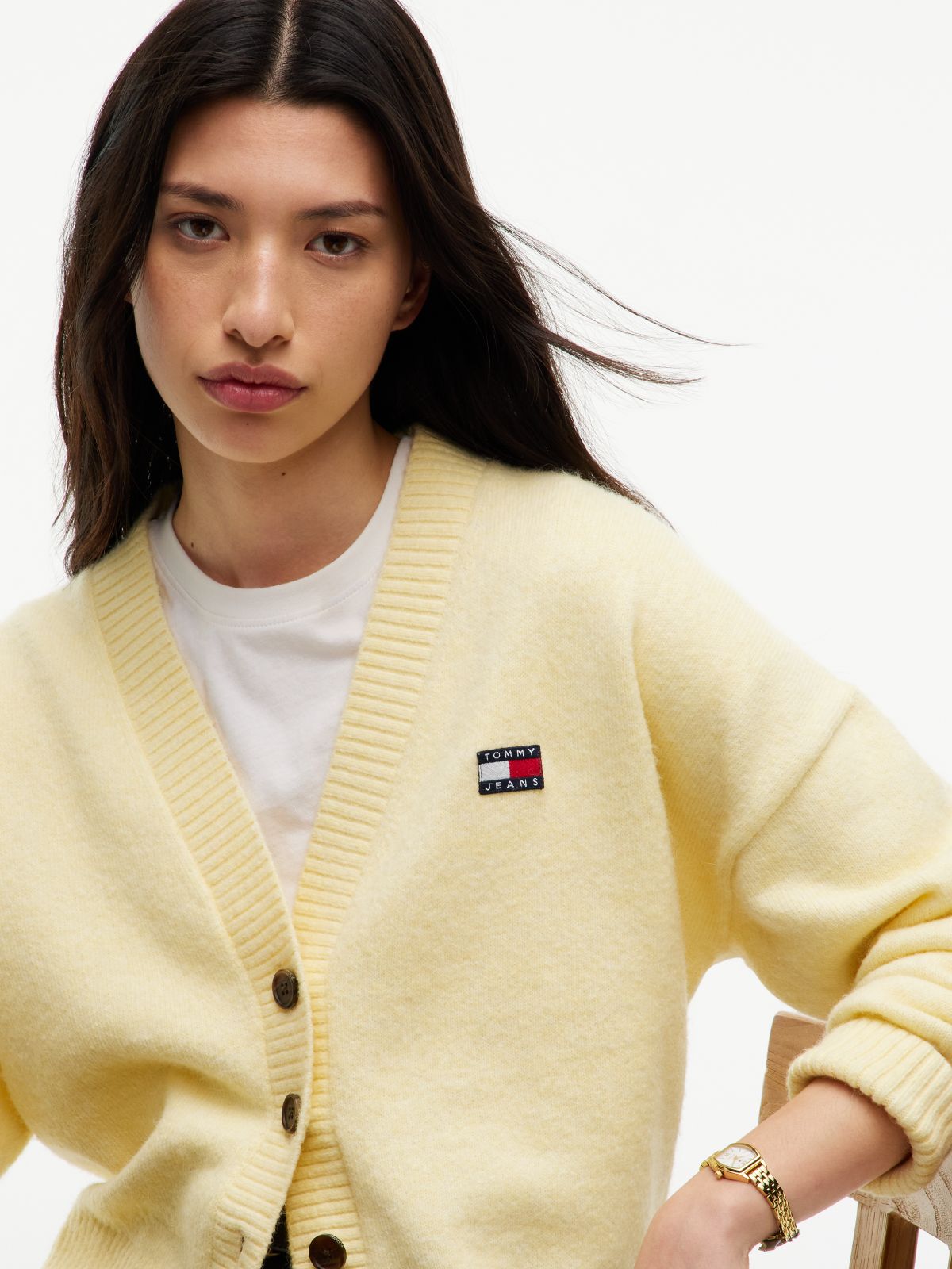 Tommy Badge Fluffy Cardigan With Alpaca — Yellow