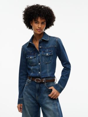 chemise western coupe slim en denim denim pour femmes tommy jeans