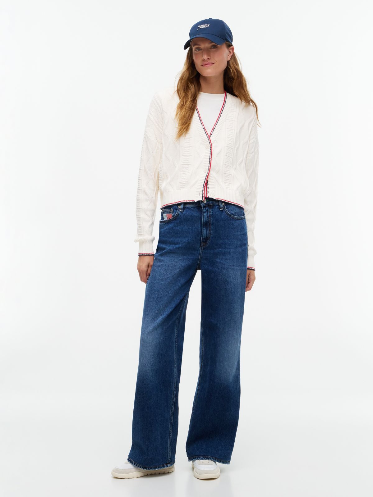 Tommy Flag Relaxed Cable Knit Cardigan — White