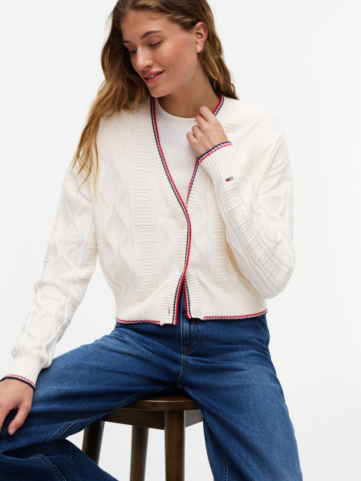 Tommy Flag Relaxed Cable Knit Cardigan — White