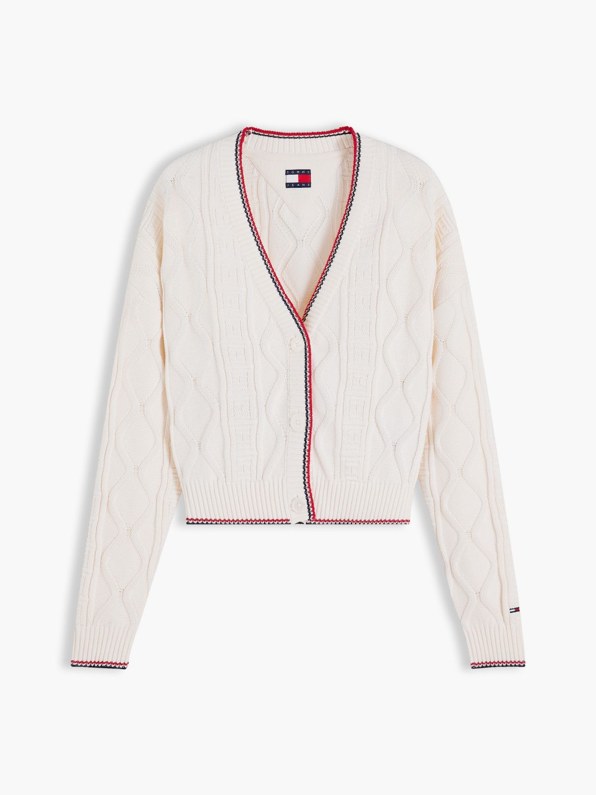 Tommy Flag Relaxed Cable Knit Cardigan — White