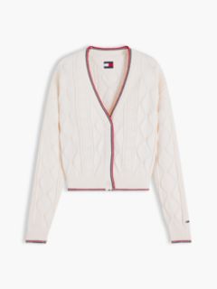 Tommy Flag Relaxed Cable Knit Cardigan — White 5