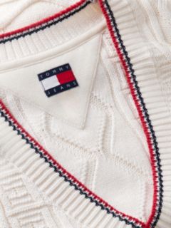 Tommy Flag Relaxed Cable Knit Cardigan — White 6