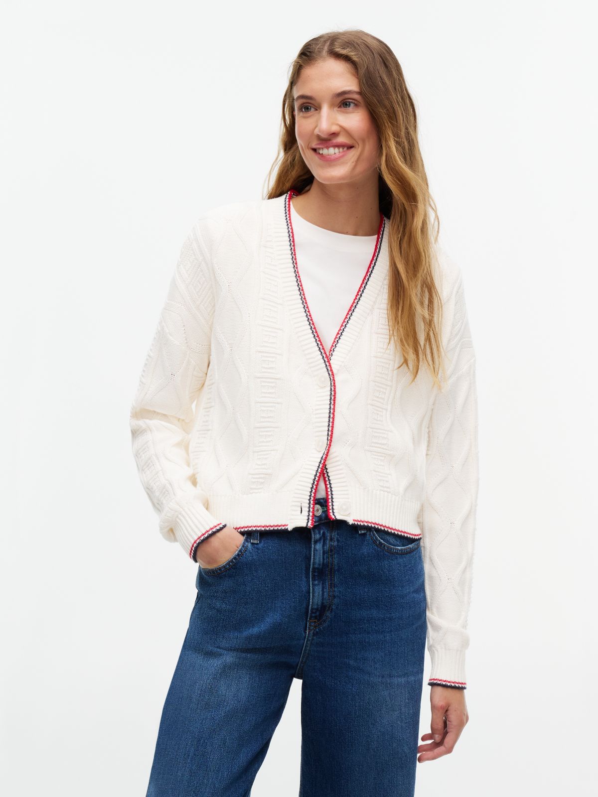 Tommy Flag Relaxed Cable Knit Cardigan — White