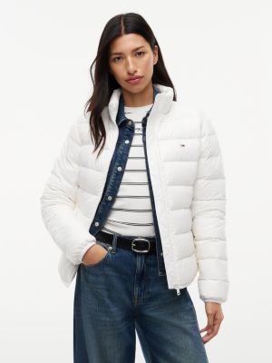 white shiny lightweight down slim puffer jacket for women tommy jeans