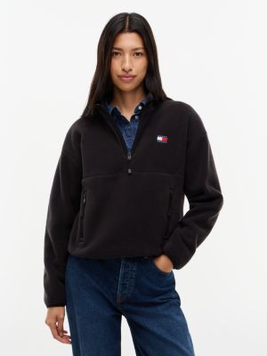 black tommy badge teddy quarter-zip sweatshirt for women tommy jeans