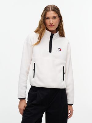 white tommy badge teddy quarter-zip sweatshirt for women tommy jeans