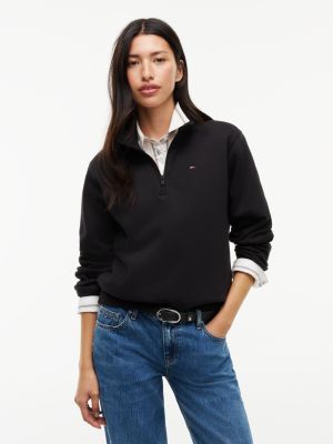 black sweatshirt met quarter zip en geborduurde vlag voor dames - tommy jeans