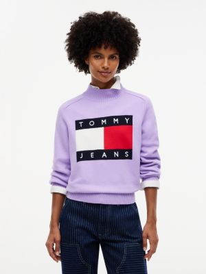 purple tommy flag mock neck relaxed jumper for women tommy jeans