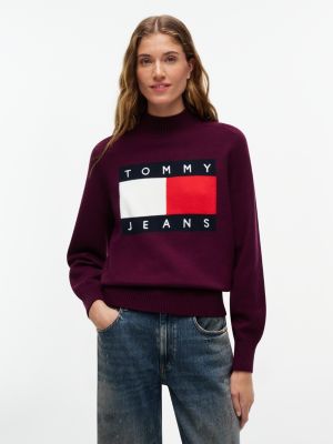 purple tommy flag mock neck relaxed jumper for women tommy jeans