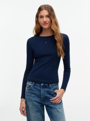 blue picot trim slim long sleeve t-shirt for women tommy jeans