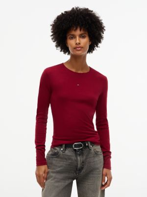 red picot trim slim long sleeve t-shirt for women tommy jeans
