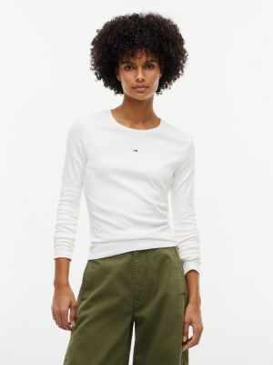 white picot trim slim long sleeve t-shirt for women tommy jeans